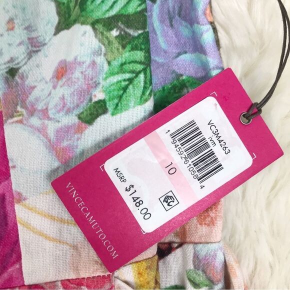 VINCE CAMUTO Pink Green Floral Print Mini Dress Tie Waist Cotton Linen 10 12 New - Picture 7 of 16
